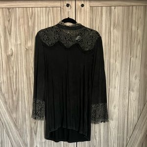 Women's Black Lace Blouse Long Sleeve Solid Pattern Elegant Top Size L